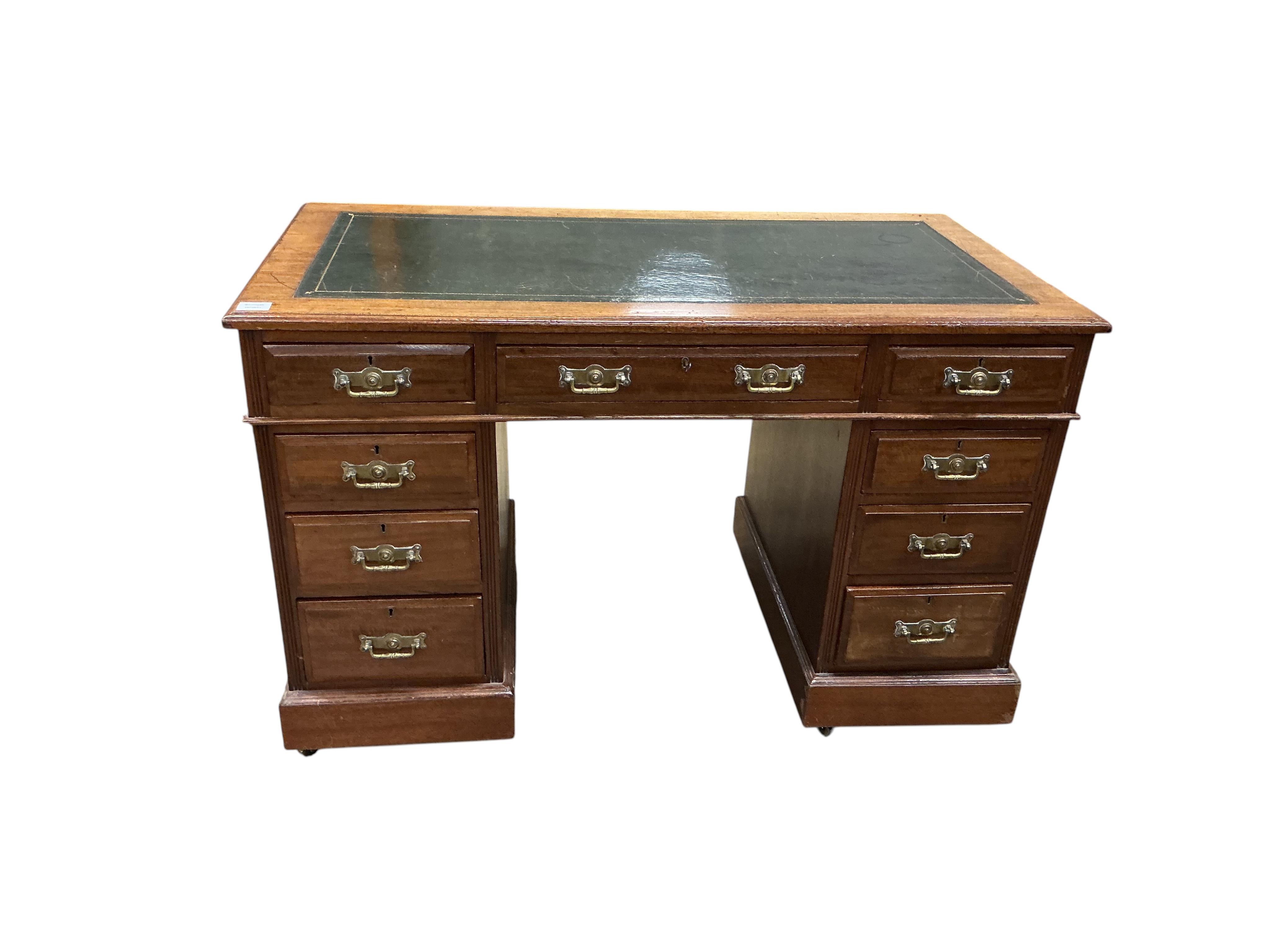 A late Victorian mahogany pedestal desk, width121cm, depth 64cm, height 74cm